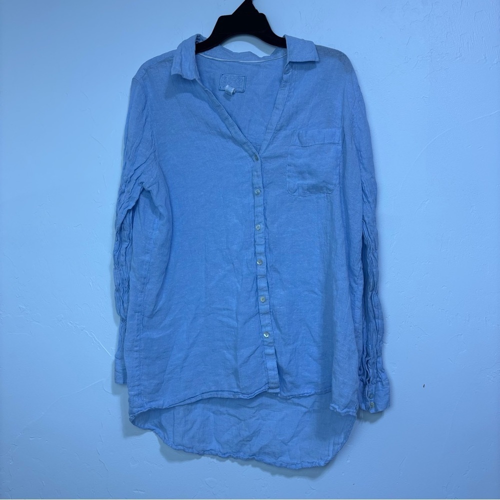 Sigrid Olsen 100% Linen Button Front Blue Shirt Long Sleeve Lightweight FLAW